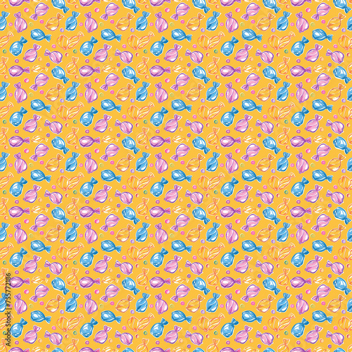 Seamless repeating pattern illustration of colorful sweets and candy.