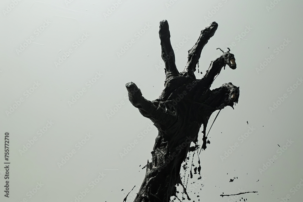 Obraz premium The silhouette cast by a zombie's hand emerges starkly against a plain white backdrop.