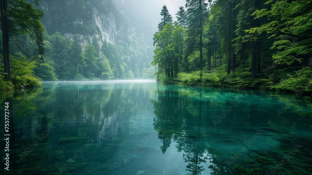 Fototapeta premium Tranquil Lake Surrounded by Green Trees