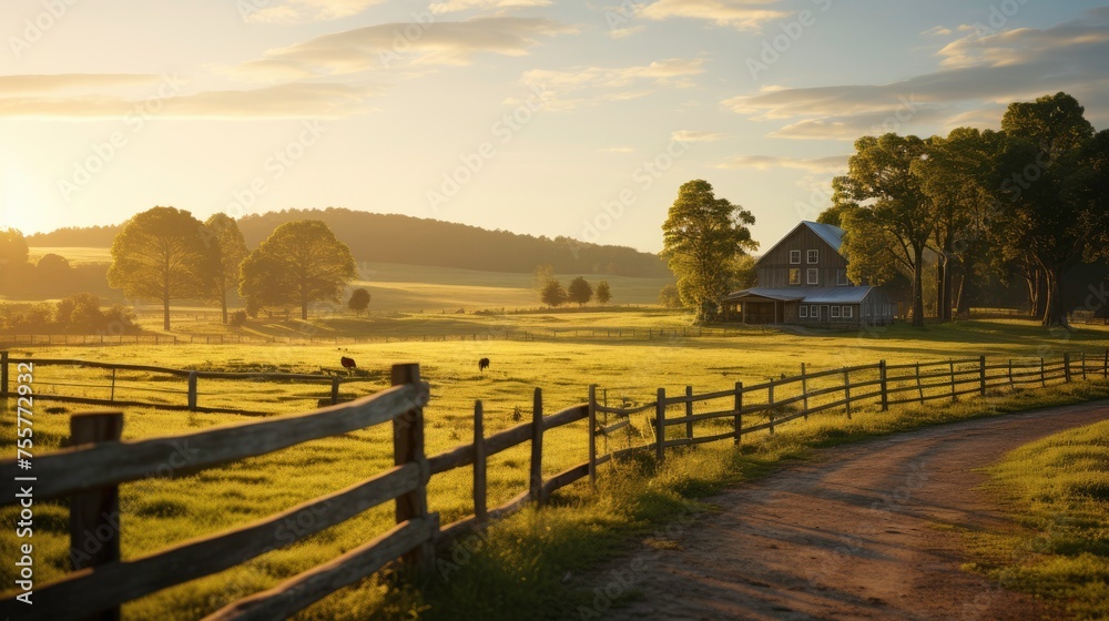 Fenced Rural green Landscape under Blue Sky