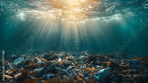 Trash contaminated ocean water under bright light highlighting pollution issue photo