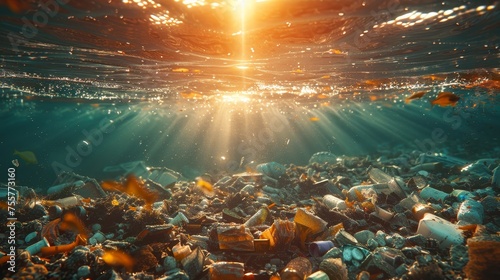 Trash contaminated ocean water under bright light highlighting pollution issue