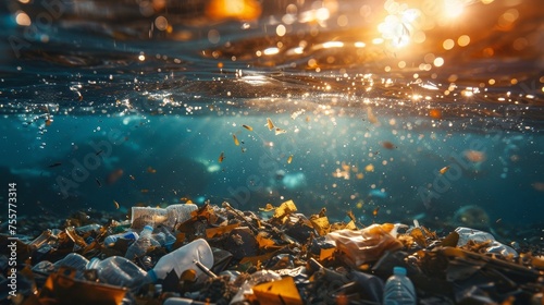 Trash contaminated ocean water under bright light highlighting pollution issue © Media Srock
