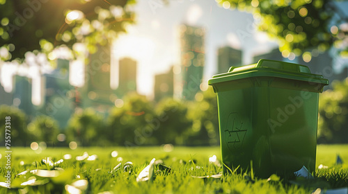 Portrait of green trash can recycle bin on green city background, saving environment concepts,  photo
