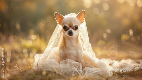 Chihuahua in a fairy-tale bridal gown tiny and enchanting
