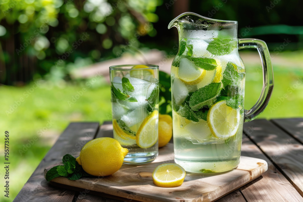 Fresh homemade lemonade with lemon, mint and ice on the table in the garden Fresh homemade lemonade with lemon, mint and ice on the table in the garden