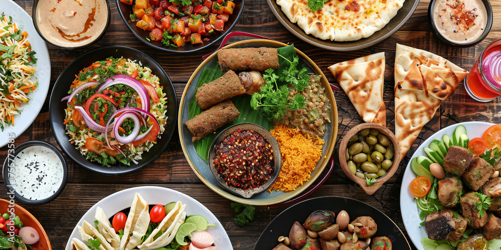 Top view table with plenty of arabic food plates, no people. Top view table with plenty of arabic food plates, no people.