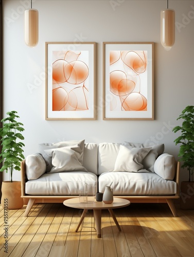 The two paintings on the wall are abstract and orange