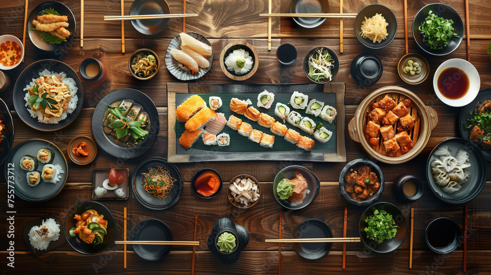 Top view table with asian food plates, no people. Top view table with asian food plates, no people.