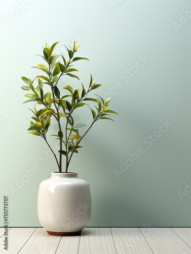 A white vase with a green plant in it sits on a wooden floor