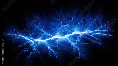 Shiny lightnings composition on the dark background. Abstract energy strike ornament in the thunderstorm. photo