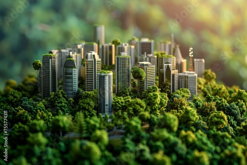 An earth model with a blend of forests and skyscrapers illustrating ecological urban development