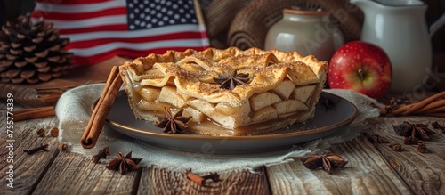 Classic Apple Pie on Plate with Cinnamon and Star Anise, Garnished in Neoclassical Style