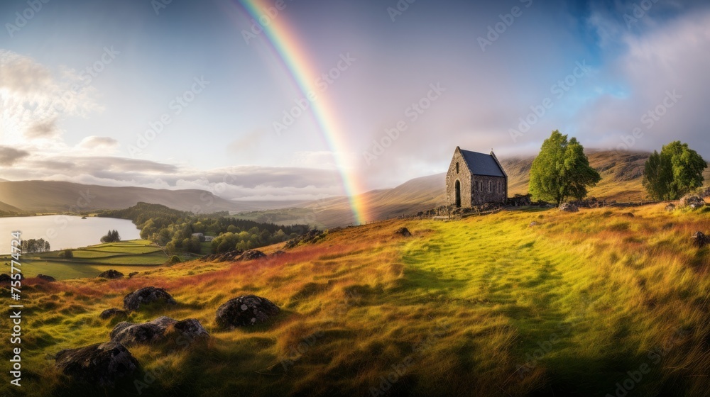 A rainbow forming above a peaceful hillside chapel