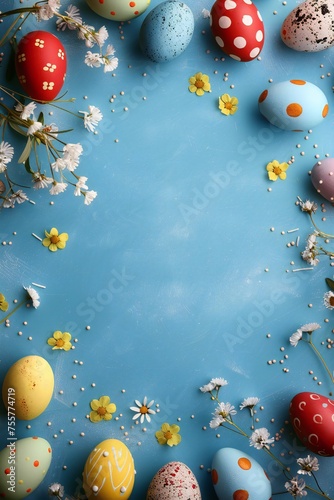 Happy Easter day frame background with eggs and empty copy space Generative Ai 