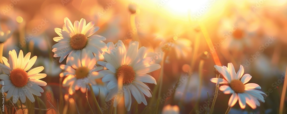 Field of daisies glowing in the sunset