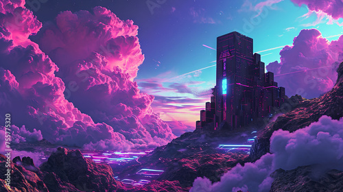 Vibrant sci-fi scene with synthwave styled towers in breathtaking perspective. Futuristic cyberpunk city in blue and purple colors.