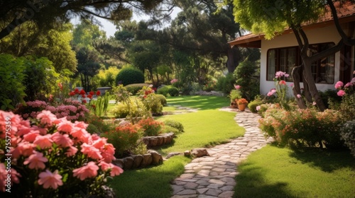 A tranquil garden pension with blooming flowers and serene pathways