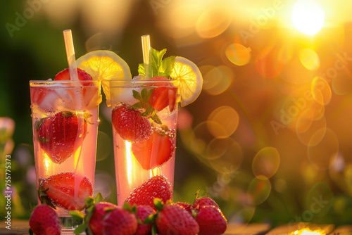 Two glasses of pink lemonade with strawberries, lemon, mint and ice on the table in the garden at sunset