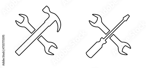 Caution, under construction traffic sign. Mallet or hammers icon. tappet wrench and screwdriver Repair, worker tools. Look after, do not enter, work in progress. Signboard. No entry, stop