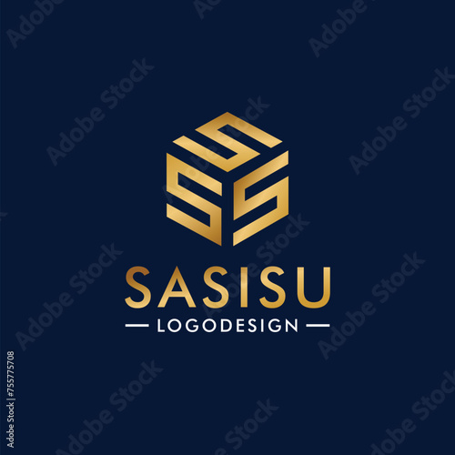 Elegant minimal monogram art logo. letter S in hexagon shape with gold color Premium Business logo on black background