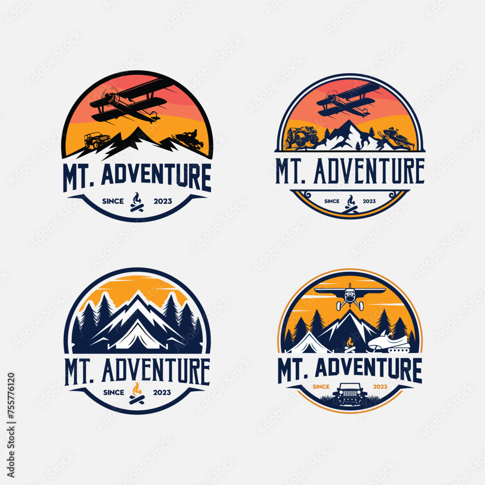 Set of vector mountain and outdoor adventure logo. Mountain adventure retro emblem design style. Mounting artwork for t-shirts, sweatshirts, posters, stickers and others