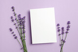 Blank invitation card mockup with lavender flowers, top view, copy space