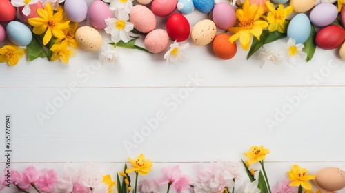 A border of colorful easter eggs and spring flowers