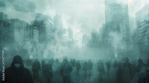 Apocalyptic Urban Haze A Crowd in the Smog-Filled Cityscape  Masked and Anxious  a Haunting Vision of Air Pollutions Dire Consequences  Digital Art 