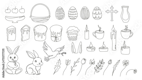 Easter Set in continuous one line style with design elements like bunny, eggs, dove, candles, cross, Easter cakes, mugs, flowers. Black vector on white. Clipart. For greeting card, textile, print