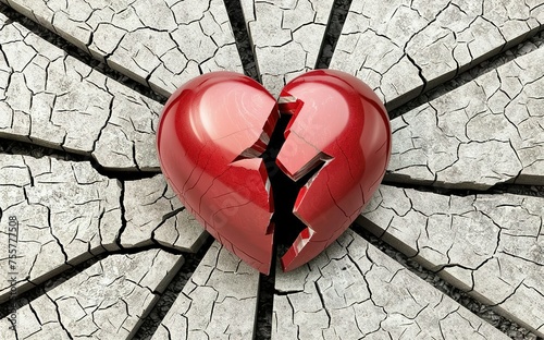 A red stone heart smashed in a cracked concrete ground as a symbol for a broken heart and lovesickness photo