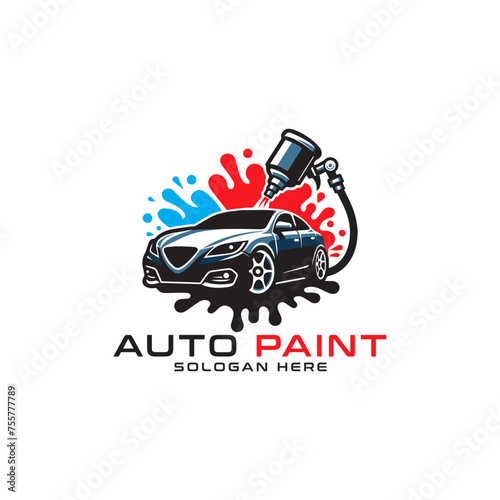 auto car paint logo template with paint gun, auto painting service type logo design with car and paint gun abstract