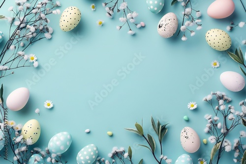 Happy Easter day frame background with eggs and empty copy space Generative Ai 
