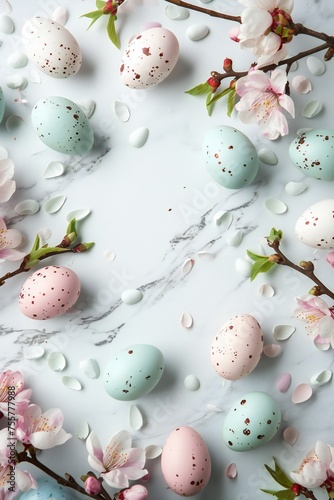 Happy Easter day frame background with eggs and empty copy space Generative Ai 