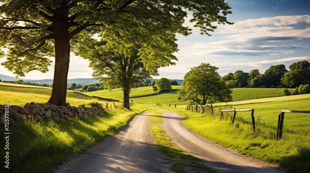 A country road leading through a tranquil countryside