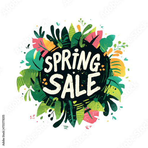 Spring sale is a colorful and lively design with a green background and a variety of plants and flowers. The text is written in a playful and artistic style