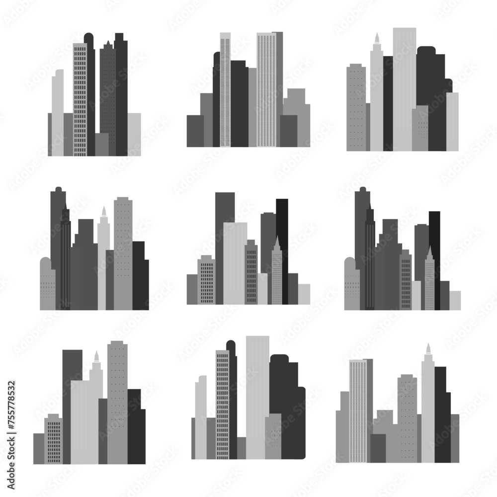 Monochrome city skyline silhouette set with buildings