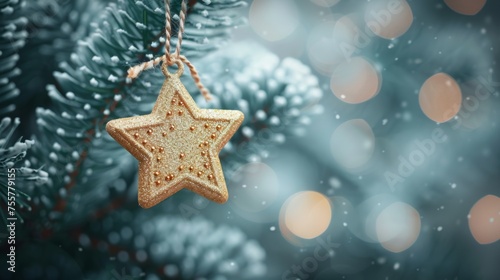 A defocused abstract background with stars hanging from fir branches at Christmas