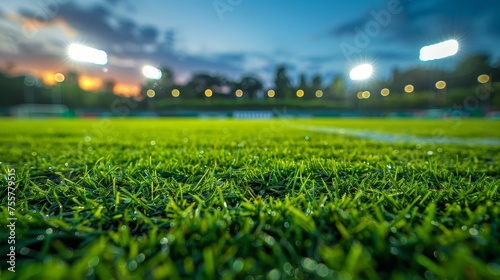 Vibrant Green Grass Field With Stadium And Flood Lights In Blurred Background © Media Srock