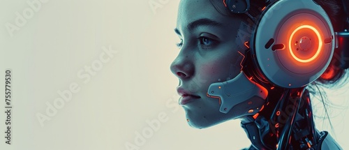 Humanoid female cyborg avatar chatbot. Round icon of face of AI in image. Logo of online tech support chat bot. Headset with microphone on head.