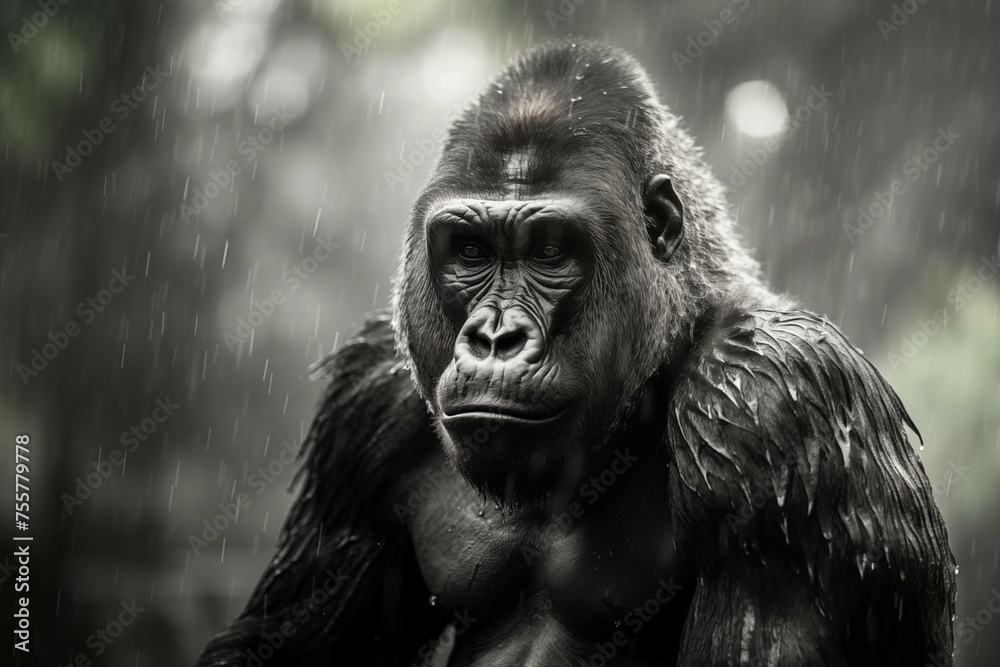 Portrait of a huge silverback gorilla. This amazing primate can only be found in Rwanda and Uganda, national nature reserves. - obrazy, fototapety, plakaty 