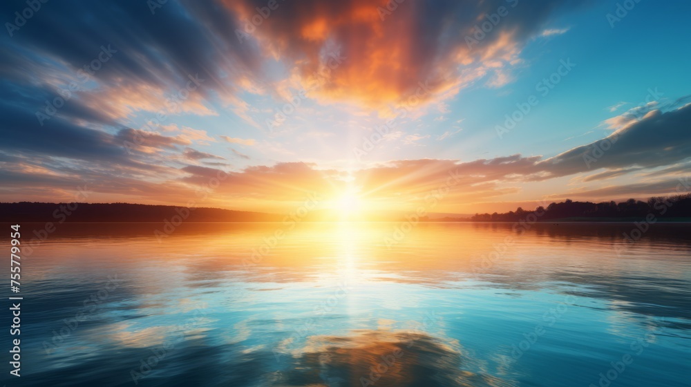 A radiant sunrise over calm waters, symbolizing hope