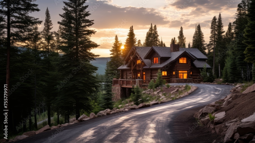 A road leading to a cozy, mountain cabin