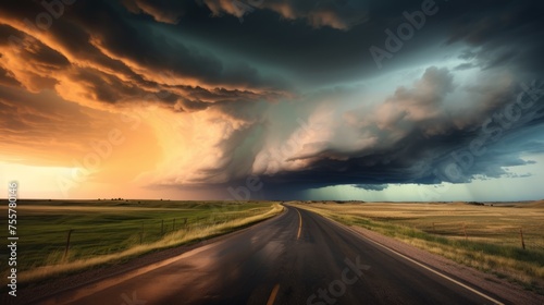 A road with a dramatic, stormy sky overhead