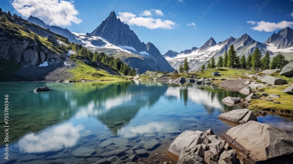 A serene alpine lake surrounded by rugged peaks