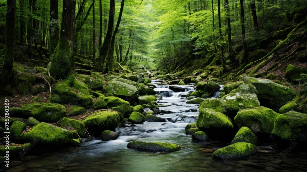 Obraz premium A serene forest stream with mossy rocks