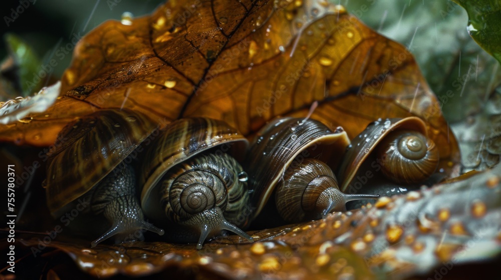 Three snails are crawling on a leaf in the rain, AI Three snails are crawling on a leaf in the rain, AI