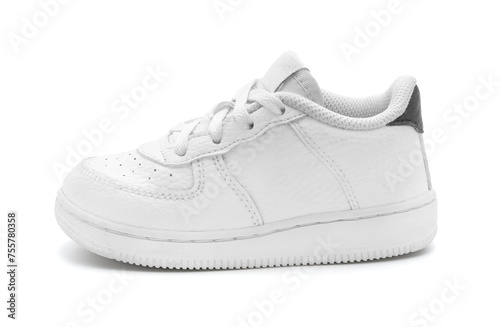 New unbranded fashion stylish white sport walking kid shoes or sneakers isolated on white background.