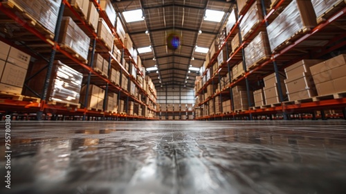 Warehouse filled with boxes and pallets, logistics and storage concepts.