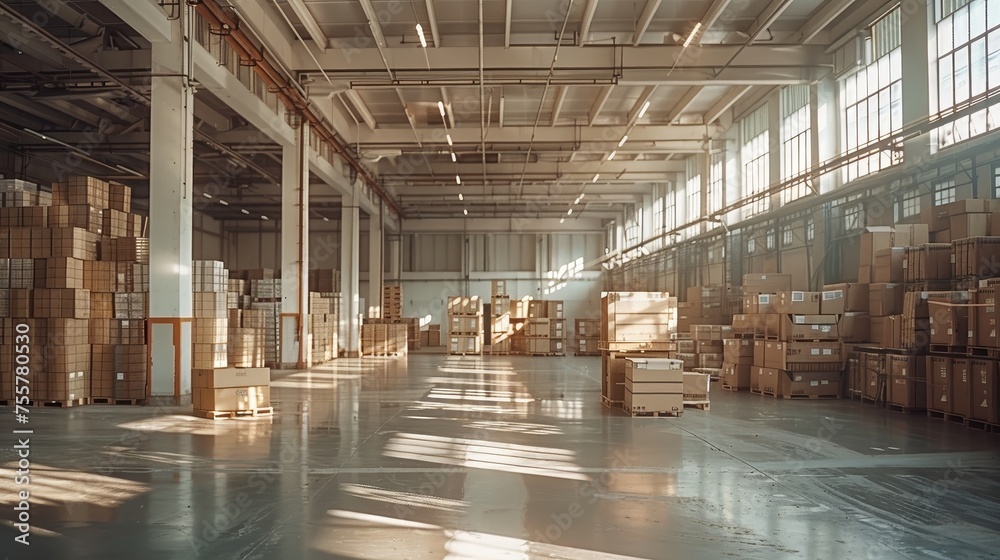 Warehouse filled with boxes and pallets, logistics and storage concepts.
